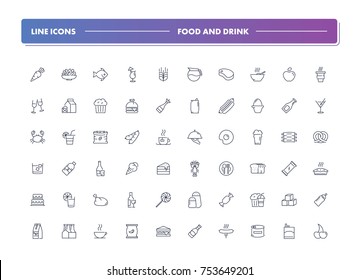 9. Set of 60 line icons. Food and drink collection. Vector illustration with elements for cafe, bar, pub and restaurant