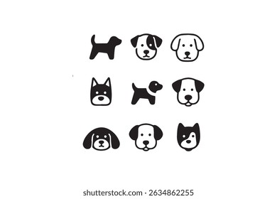 9 set of black dog heads in a white background