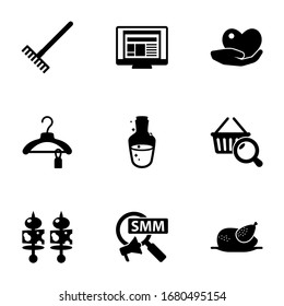 9 iconos rellenos establecidos aislados en fondo blanco. Iconos con torta, diseño, cuidado, ropa, poción de maná, investigación de marketing, iniciadores, marketing social, íconos de pollo.
