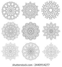 9 Set Floral Creativity Mandala For Coloring book Design