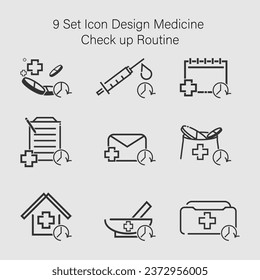 9 Conjunto de iconos de rutina de chequeo médico y de atención médica. Ilustración vectorial. EPS 10.