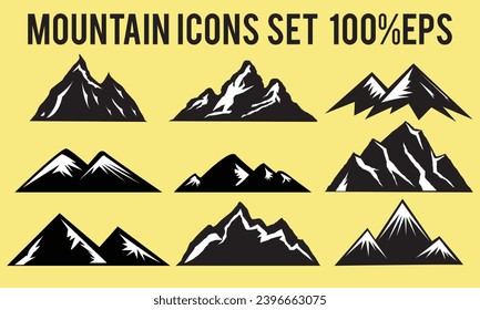 9 Set Mountain silhouette set. Rocky mountains icon or logo collection. Vector illustration.