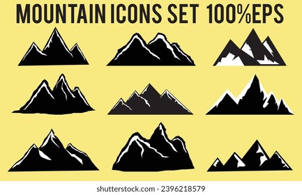 9 Set Mountains vector icon illustration, silhouette design. Eps 10