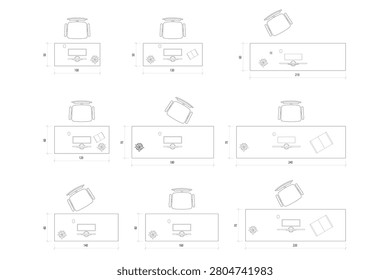 9 Set Office Desk Layout Top View Vector Plan with Dimensions. 7