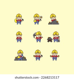 9 personas minando oro Icono, Logo y linda ilustración Vector