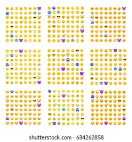 9 sets of cute smiley emoticons, emoji flat design isolated on white background, vector illustration. Faces, smiles, avatars. Big collection