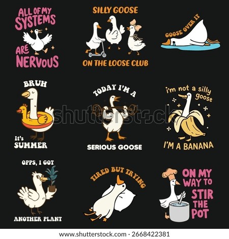 9 sets of silly goose designs for tshirt design printing vector illustration with fonts	