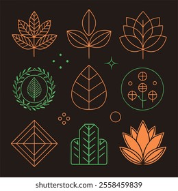 9 setting icons of bold minimal line illustration of a botanic, various shaped, various behavior