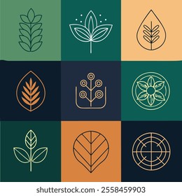9 setting icons of bold minimal line illustration of a botanic, various shaped, various behavior