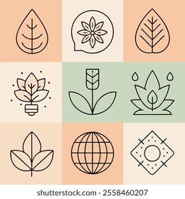 9 setting icons of bold minimal line illustration of a botanic, various shaped, various behavior