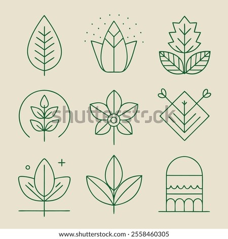 9 setting icons of bold minimal line illustration of a botanic, various shaped, various behavior