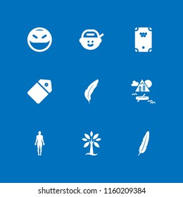 9 shadow icons in vector set. standing human body silhouette, tag, eight ball and feather illustration for web and graphic design