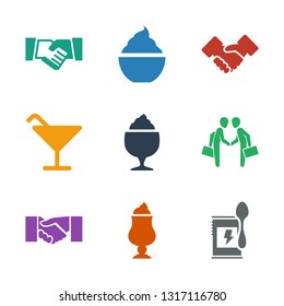 9 shake icons. Trendy shake icons white background. Included filled icons such as protein powder, milkshake, handshake, businessman shaking hands. shake icon for web and mobile.