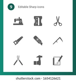9 sharp filled icons set isolated on . Icons set with Sewing, Sharpener, Scissors, Hand saw, Cutter knife, Scythe, Gardening scissors, Handicraft, Sketching icons.
