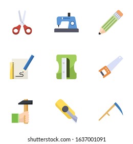 9 sharp flat icons set isolated on white background. Icons set with Scissors, Sewing, Pencil, Sketching, Sharpener, Hand saw, Handicraft, Cutter knife, Scythe icons.