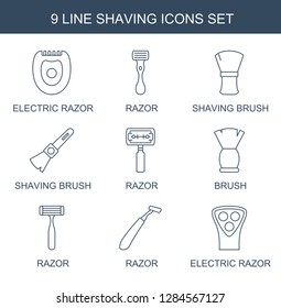 9 shaving icons. Trendy shaving icons white background. Included line icons such as electric razor, razor, shaving brush, brush. shaving icon for web and mobile.