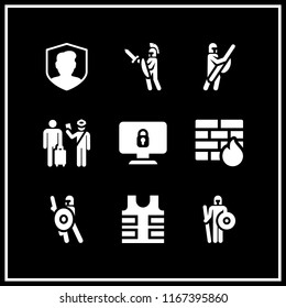 9 shield vector icon set with verification, bulletproof vest, warrior and computer secure icons for mobile and web