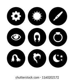 9 shine icons in vector set. ring with precious gem, sun, gear and glamour illustration for web and graphic design