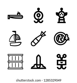 9 ship icons with torpedo and spacecraft in this set