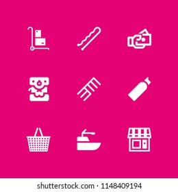 9 shop icon set with coffee maker, shopping basket and pay vector illustration for graphic design and web