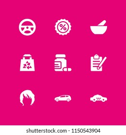 9 shop icons in vector set. wig, car, eco bag and register illustration for web and graphic design