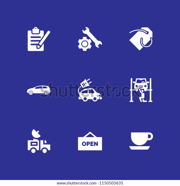 9 shop icons in
vector set. register, price tag, car and repair illustration for
web and graphic design