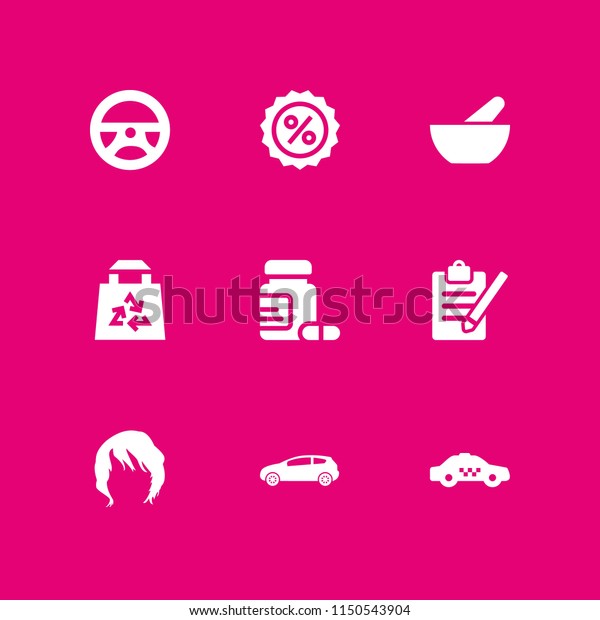 9 shop icons in\
vector set. wig, car, eco bag and register illustration for web and\
graphic design