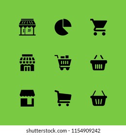 9 shopper icons in vector set. shopping store cart, shopping basket, store and pie cart illustration for web and graphic design