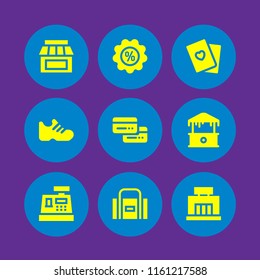 9 shopping icons in vector set. credit cards, offer, mall and shoe illustration for web and graphic design