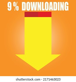 9% sign symbol downloading in 3d illustration arrow red color shape business stamp isolated on yellow background. Vector eps10
