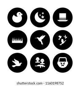 9 silhouette icons in vector set. soldiers and a weapon, top hat, grass leaves silhouette and birds illustration for web and graphic design
