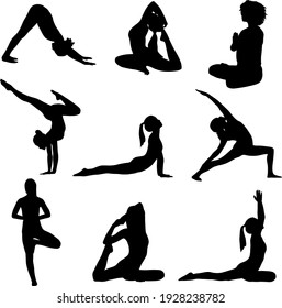 9 silhouettes of girls in a yoga pose