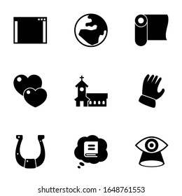 9 simple filled icons set isolated on white background. Icons set with software, globe, textile, love, church, Garden gloves, horseshoe, Knowledge, Vision icons.