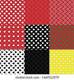 9 Simple hearts seamless vector patterns set. Valentines OR chirstmas day background. Flat design endless chaotic texture made of tiny heartVector illustration for holiday design.