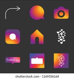 9 simple instagram transparent vector icon pack, set of black icons such as Hearts, User interface, Follow us, Home, Comment, Camera, Forward