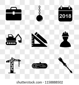 9 simple transparent vector icon pack, set of icons such as Screwdriver, Wood, Crane, Worker, Ruler and Pencil, Escavator, Calendar, Wrecking Ball, Toolbox