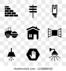 9 simple transparent vector icon pack, set of icons such as Shower, Stop, Lamp, Window, Home, Steamtroller, Light Bulb, Direction, Bricks