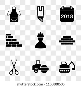 9 simple transparent vector icon pack, set of icons such as Escavator, Steamtroller, Scissor, Bricks, Worker, Calendar, Light Bulb, Apron