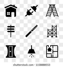 9 simple transparent vector icon pack, set of icons such as House Plan, Lamp, Sharpener, Scaffholding, Drill Tip, Direction, Ladder, Plug, Home