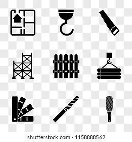 9 simple transparent vector icon pack, set of icons such as Rasp, Drill Tip, Color Pack, Tubes Hook, Fence, Scaffholding, Saw, House Plan
