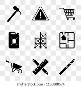 9 simple transparent vector icon pack, set of icons such as Drill Tip, Ruler and Pencil, Barrow, House Plan, Scaffholding, Gaso, Cart, Danger, Hammer