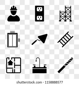 9 simple transparent vector icon pack, set of icons such as Drill Tip, Sink, House Plan, Ladder, Trowel, Elevator, Scaffholding, Socket, Worker