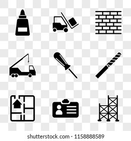 9 simple transparent vector icon pack, set of icons such as Scaffholding, Identification, House Plan, Drill Tip, Screwdriver, Crane, Brick, Forklift, Glue