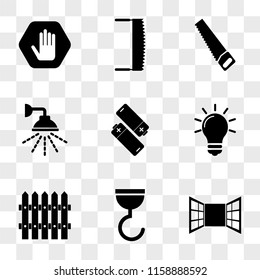 9 simple transparent vector icon pack, set of icons such as Window, Hook, Fence, Light Bulb, Batteries, Shower, Saw, Stop