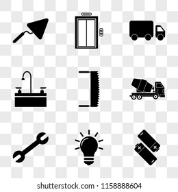 9 simple transparent vector icon pack, set of icons such as Batteries, Light Bulb, Wrench, Cement Truck, Saw, Sink, Elevator, Trowel