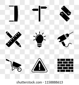 9 simple transparent vector icon pack, set of icons such as Brick Wall, Danger, Barrow, Drill, Light Bulb, Ruler and Pencil, Batteries, Road Panel, Saw
