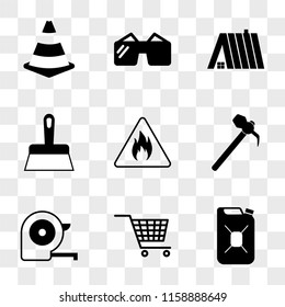 9 simple transparent vector icon pack, set of icons such as Gaso, Cart, Meter, Hammer, Inflamable, Scraper, Roof, Protection Glasses, Cone