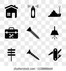 9 simple transparent vector icon pack, set of icons such as  Knife, screw, Direction, Lamp, Screw, Toolbox, Sand, Spray, Home