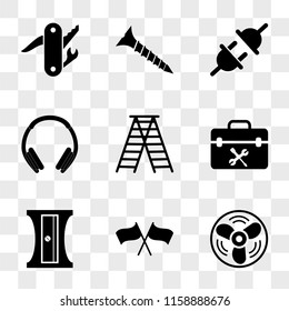 9 simple transparent vector icon pack, set of icons such as Fan, Flags, Sharpener, Toolbox, Ladder, Protective Headphones, Plug, screw, Knife