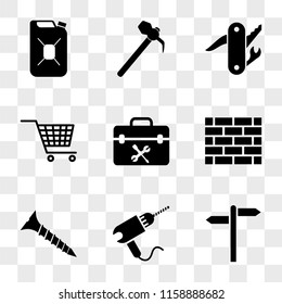 9 simple transparent vector icon pack, set of icons such as Road Panel, Drill, screw, Brick Wall, Toolbox, Cart, Knife, Hammer, Gaso
